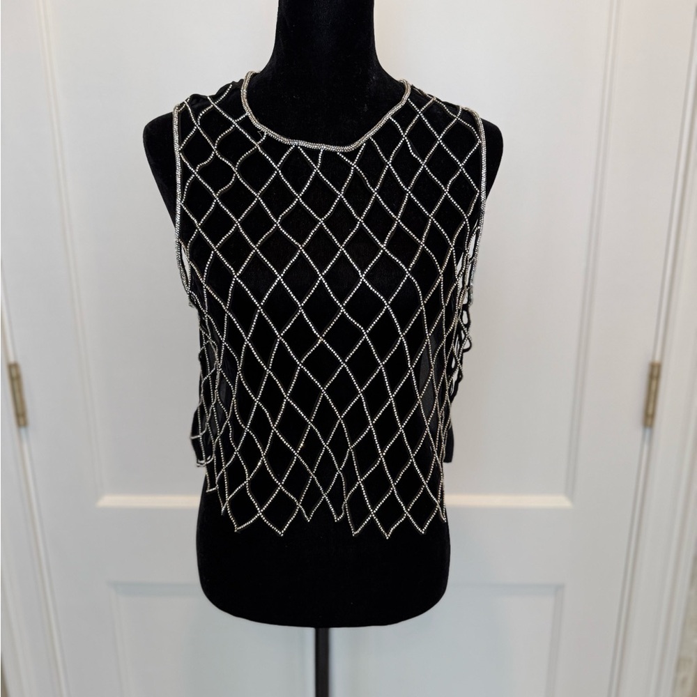 Alice + Olivia Black Amal Rhinestone Embellished Tank Top Sheer Black Zip Back